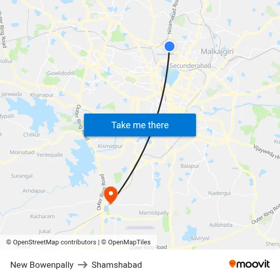 New Bowenpally to Shamshabad map