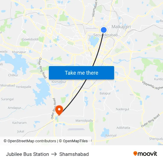Jubilee Bus Station to Shamshabad map