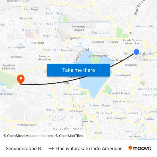 Secunderabad Bus Station (Gurudwara) to Basavatarakam Indo American Cancer Institute And Research Centre map