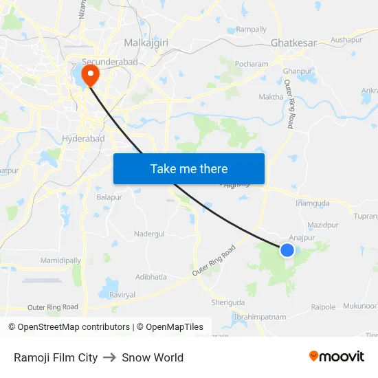 रामोजी फिल्म सिटी to स्नो वर्ल्ड map