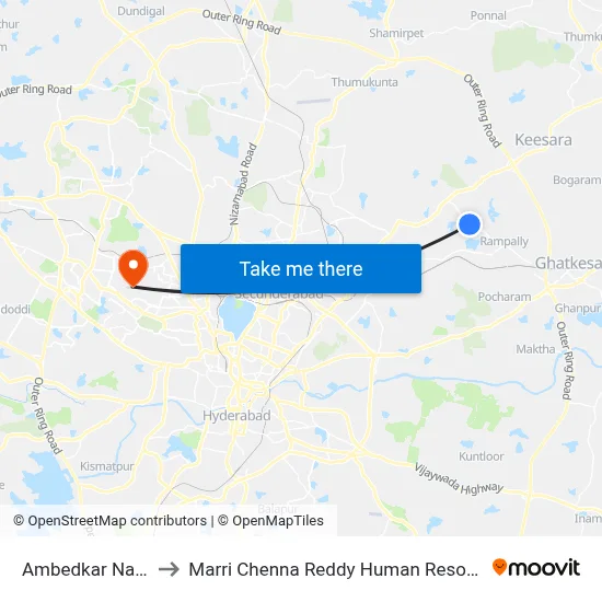 Ambedkar Nagar-Nagaram to मारी चेन्ना रेड्डी मानव संसाधन विकास संस्थान map