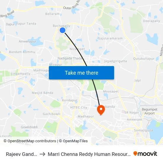Rajeev Gandhi Nagar 2- to मारी चेन्ना रेड्डी मानव संसाधन विकास संस्थान map