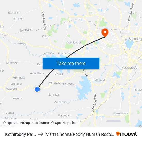 Kethireddy Pally Cross Road to मारी चेन्ना रेड्डी मानव संसाधन विकास संस्थान map