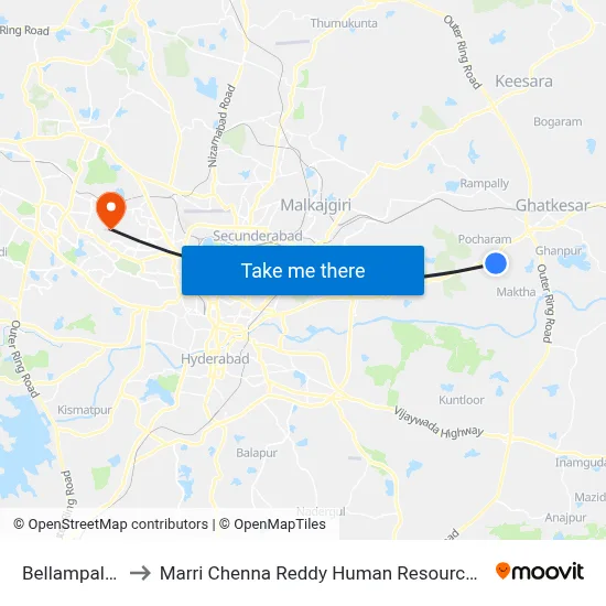 Bellampalli Market to मारी चेन्ना रेड्डी मानव संसाधन विकास संस्थान map
