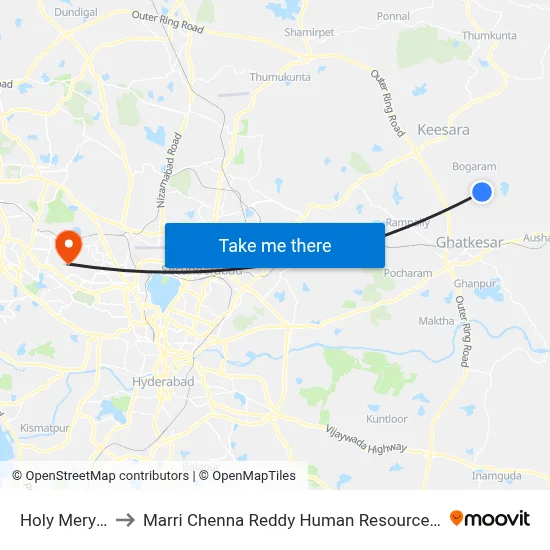Holy Mery College to मारी चेन्ना रेड्डी मानव संसाधन विकास संस्थान map