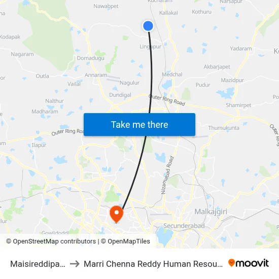 Maisireddipalle-Medchal to मारी चेन्ना रेड्डी मानव संसाधन विकास संस्थान map