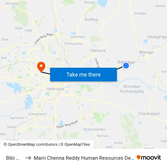Bibi Nagar to मारी चेन्ना रेड्डी मानव संसाधन विकास संस्थान map