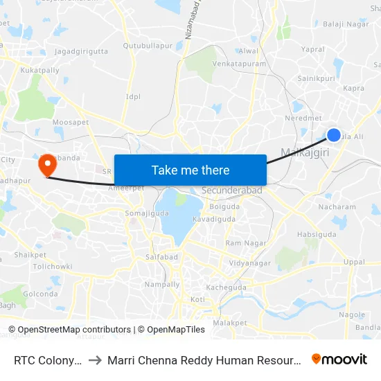 RTC Colony Moula Ali to मारी चेन्ना रेड्डी मानव संसाधन विकास संस्थान map