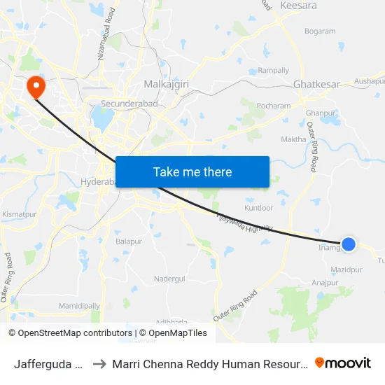 Jafferguda Cross Road to मारी चेन्ना रेड्डी मानव संसाधन विकास संस्थान map