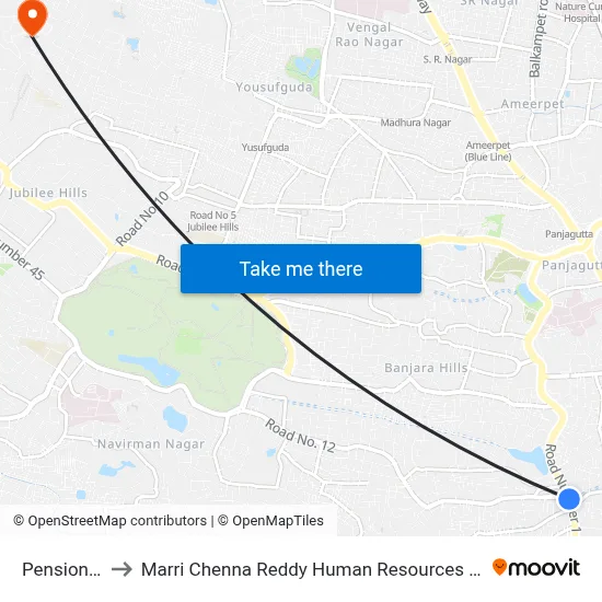 पेंशन कार्यालय to मारी चेन्ना रेड्डी मानव संसाधन विकास संस्थान map
