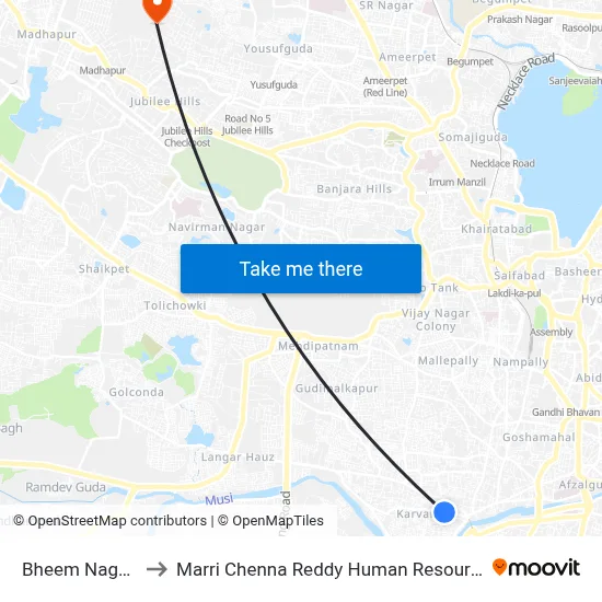 Bheem Nagar Jiyaguda to मारी चेन्ना रेड्डी मानव संसाधन विकास संस्थान map