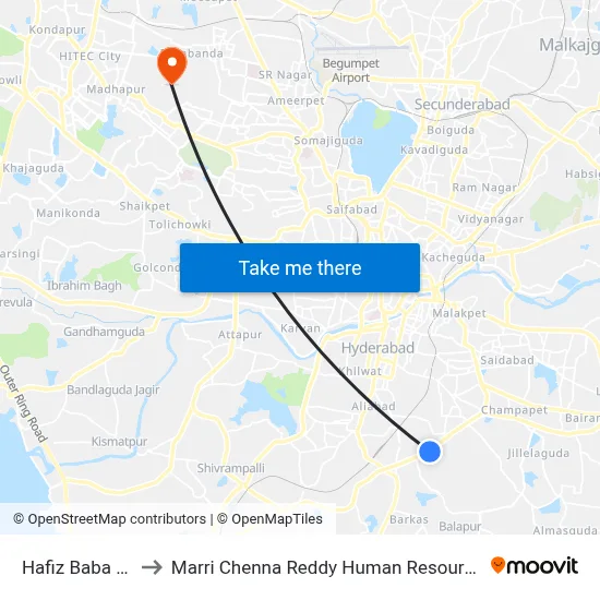 Hafiz Baba Nagar Hyd to मारी चेन्ना रेड्डी मानव संसाधन विकास संस्थान map