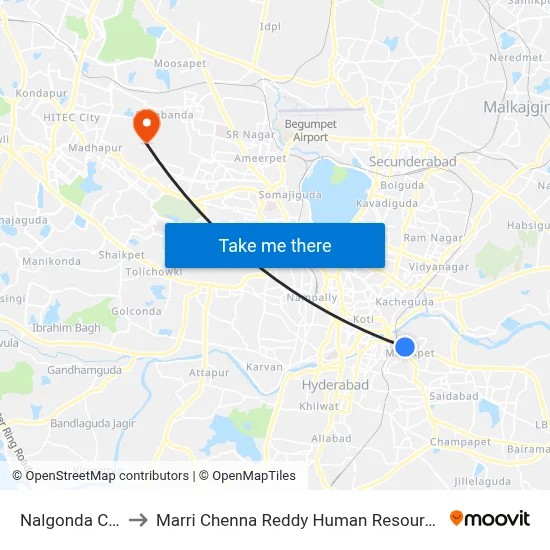 Nalgonda Cross Road to मारी चेन्ना रेड्डी मानव संसाधन विकास संस्थान map