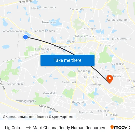 Lig Colony-Bhel to मारी चेन्ना रेड्डी मानव संसाधन विकास संस्थान map