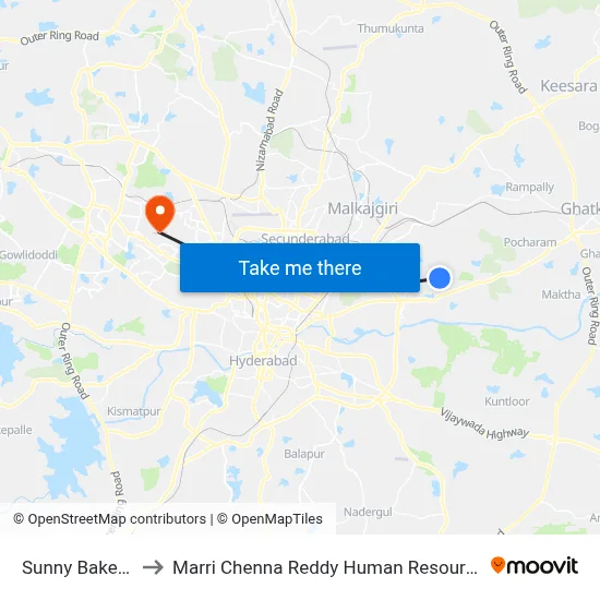 Sunny Bakery-Boduppl to Marri Chenna Reddy Human Resources Development Institute map