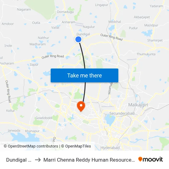 Dundigal X Roads to Marri Chenna Reddy Human Resources Development Institute map