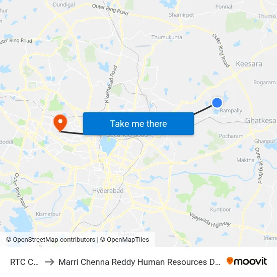RTC Colony to Marri Chenna Reddy Human Resources Development Institute map