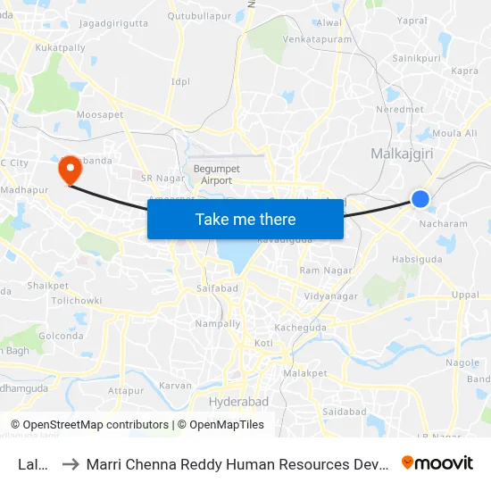 Lalapet to Marri Chenna Reddy Human Resources Development Institute map