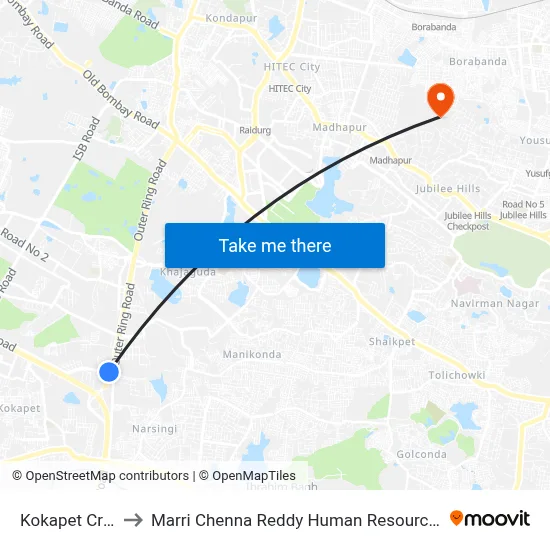 Kokapet Cross Road to Marri Chenna Reddy Human Resources Development Institute map