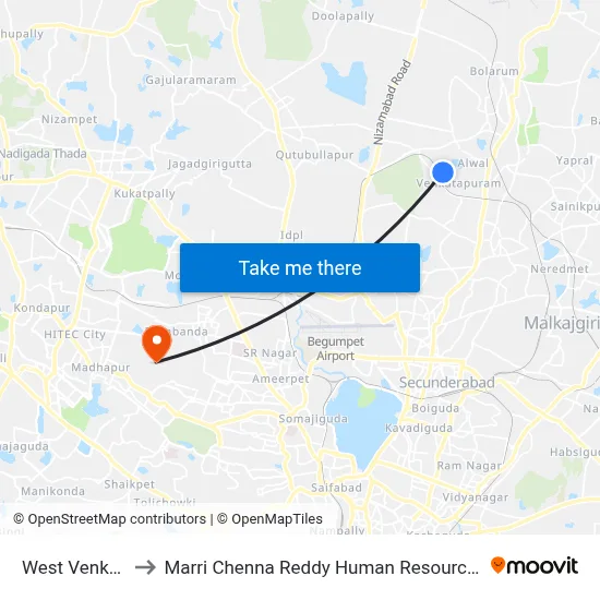 West Venkatapuram to Marri Chenna Reddy Human Resources Development Institute map