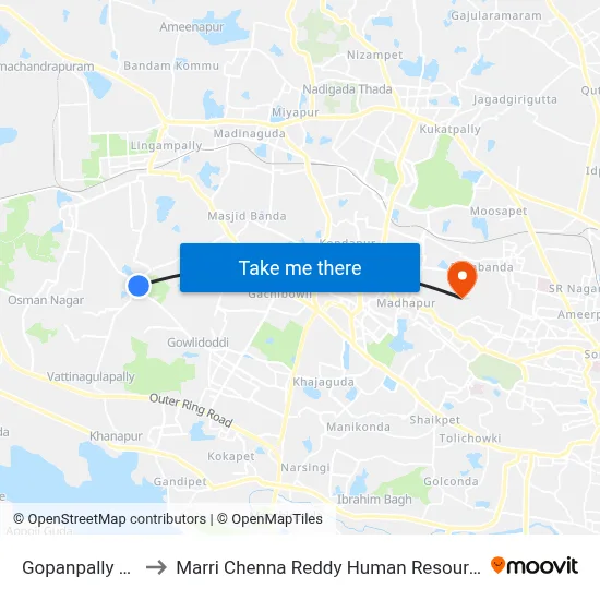 Gopanpally Cross Road to Marri Chenna Reddy Human Resources Development Institute map