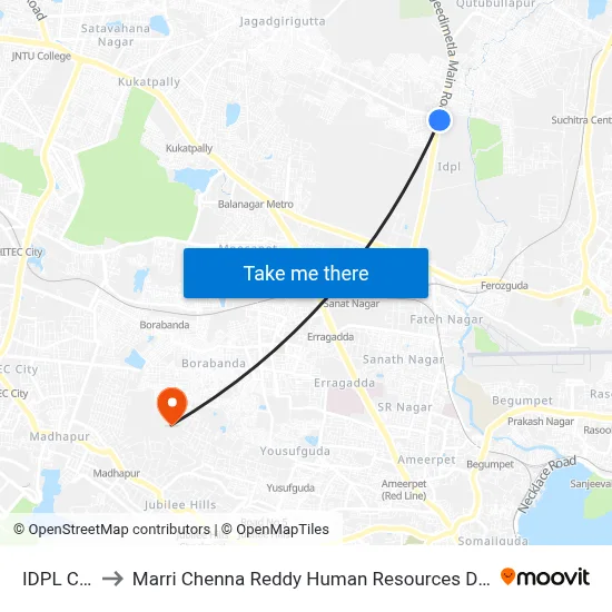 IDPL Colony to Marri Chenna Reddy Human Resources Development Institute map
