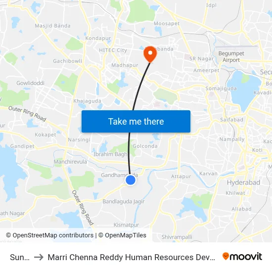 Suncity to Marri Chenna Reddy Human Resources Development Institute map