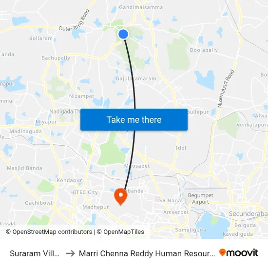 Suraram Village X Road to Marri Chenna Reddy Human Resources Development Institute map