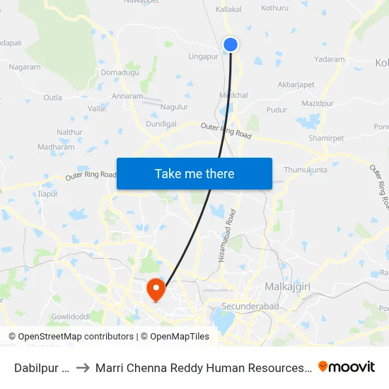Dabilpur X Road to Marri Chenna Reddy Human Resources Development Institute map