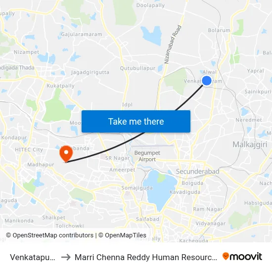 Venkatapur X Roads to Marri Chenna Reddy Human Resources Development Institute map