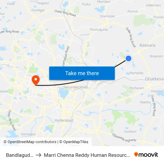 Bandlaguda Village to Marri Chenna Reddy Human Resources Development Institute map
