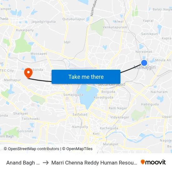 Anand Bagh Cross Road to Marri Chenna Reddy Human Resources Development Institute map