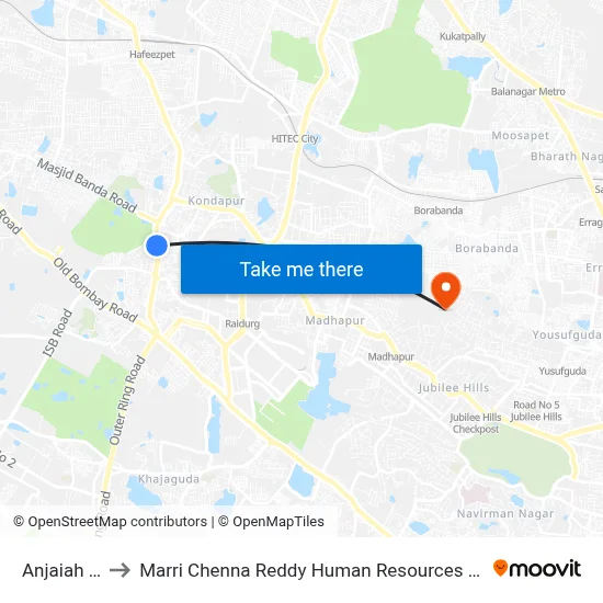 Anjaiah Nagar to Marri Chenna Reddy Human Resources Development Institute map
