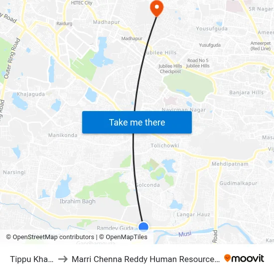 Tippu Khan Bridge to Marri Chenna Reddy Human Resources Development Institute map
