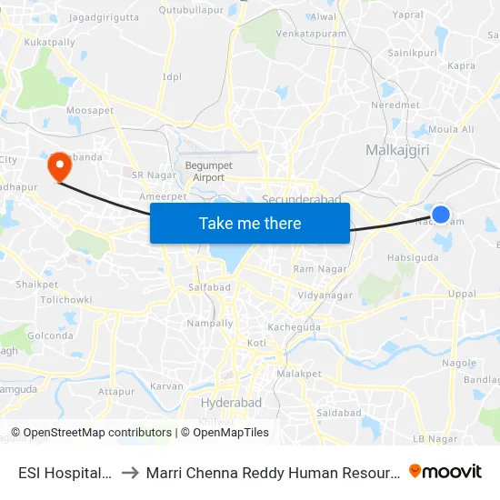 ESI Hospital Nacharam to Marri Chenna Reddy Human Resources Development Institute map