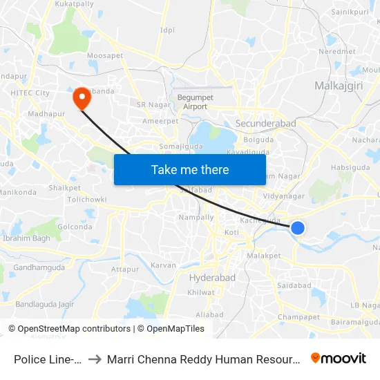 Police Line-Amberpet to Marri Chenna Reddy Human Resources Development Institute map