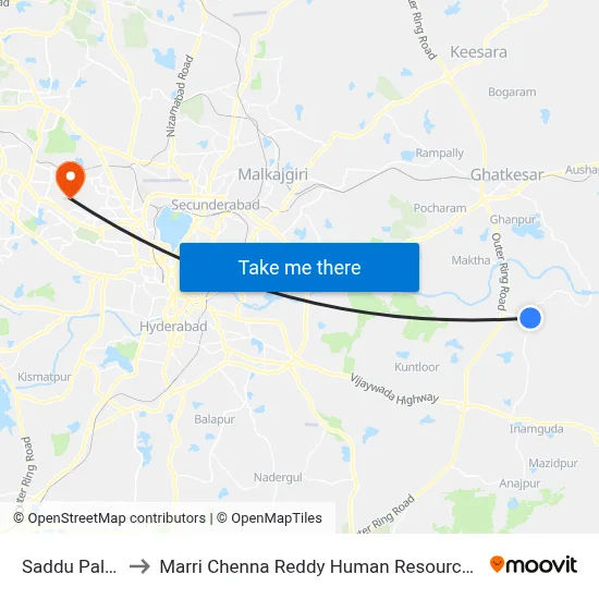 Saddu Pally Village to Marri Chenna Reddy Human Resources Development Institute map