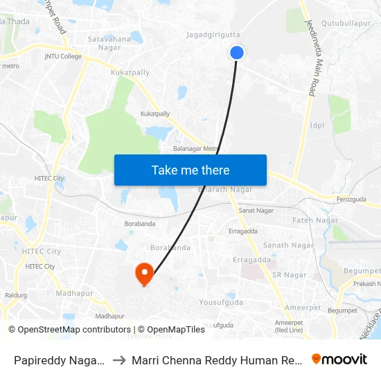 Papireddy Nagar Jagathgiriguitta to Marri Chenna Reddy Human Resources Development Institute map