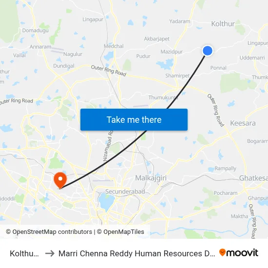 Kolthur X Rd to Marri Chenna Reddy Human Resources Development Institute map