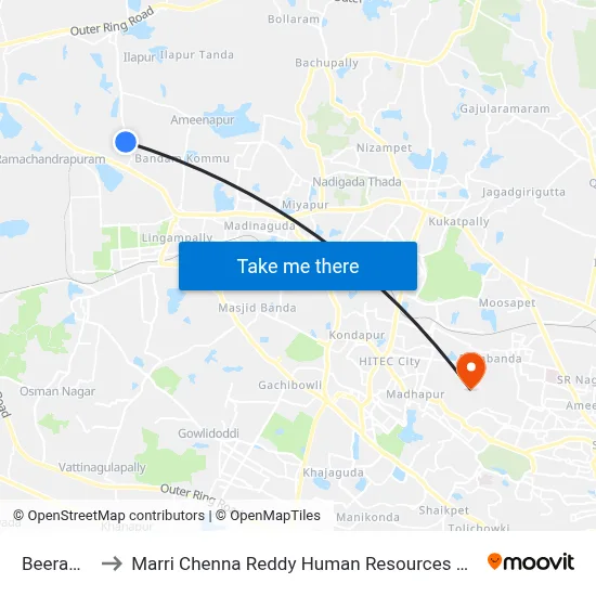 Beeramguda to Marri Chenna Reddy Human Resources Development Institute map