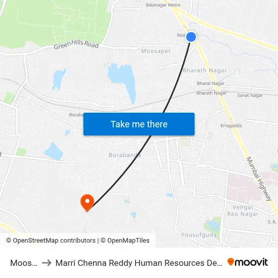 Moosapet to Marri Chenna Reddy Human Resources Development Institute map