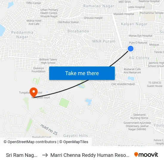 Sri Ram Nagar Yusufguda to Marri Chenna Reddy Human Resources Development Institute map