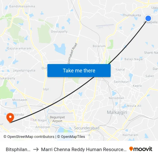 Bitsphilani X Road to Marri Chenna Reddy Human Resources Development Institute map