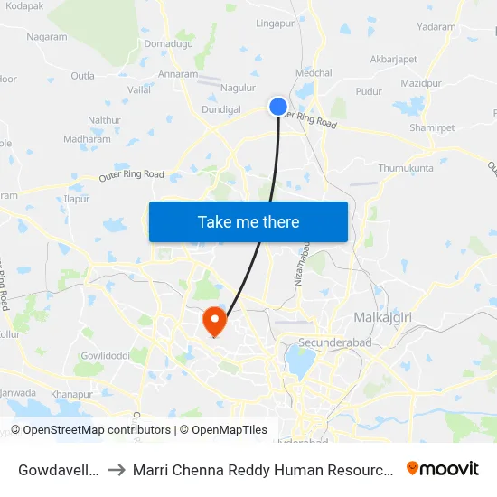 Gowdavelly X Road to Marri Chenna Reddy Human Resources Development Institute map