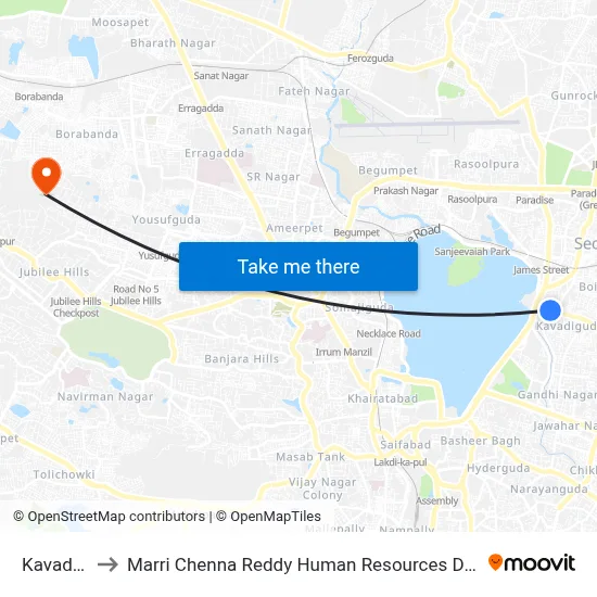 Kavadiguda to Marri Chenna Reddy Human Resources Development Institute map