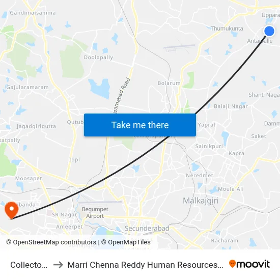 Collector Office to Marri Chenna Reddy Human Resources Development Institute map