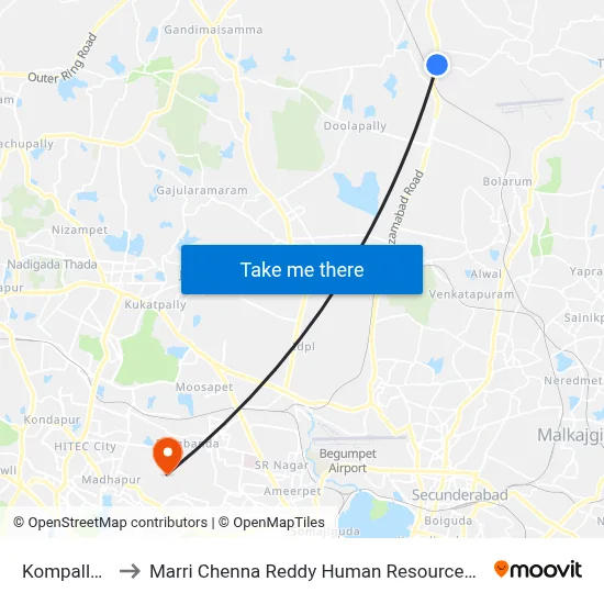 Kompally Bridge to Marri Chenna Reddy Human Resources Development Institute map