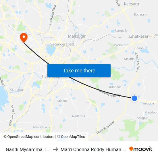 Gandi Mysamma Temple-Abdullahpurmet to Marri Chenna Reddy Human Resources Development Institute map