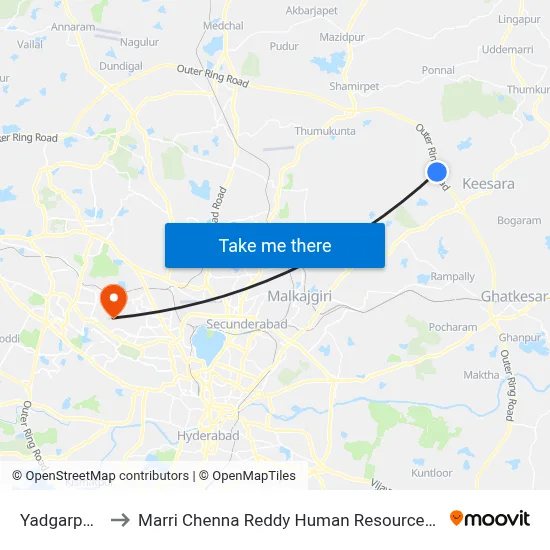 Yadgarpally X Rd to Marri Chenna Reddy Human Resources Development Institute map