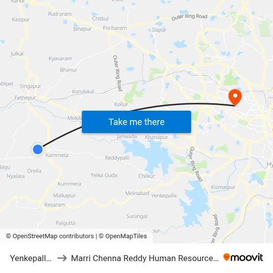 Yenkepalle Village to Marri Chenna Reddy Human Resources Development Institute map